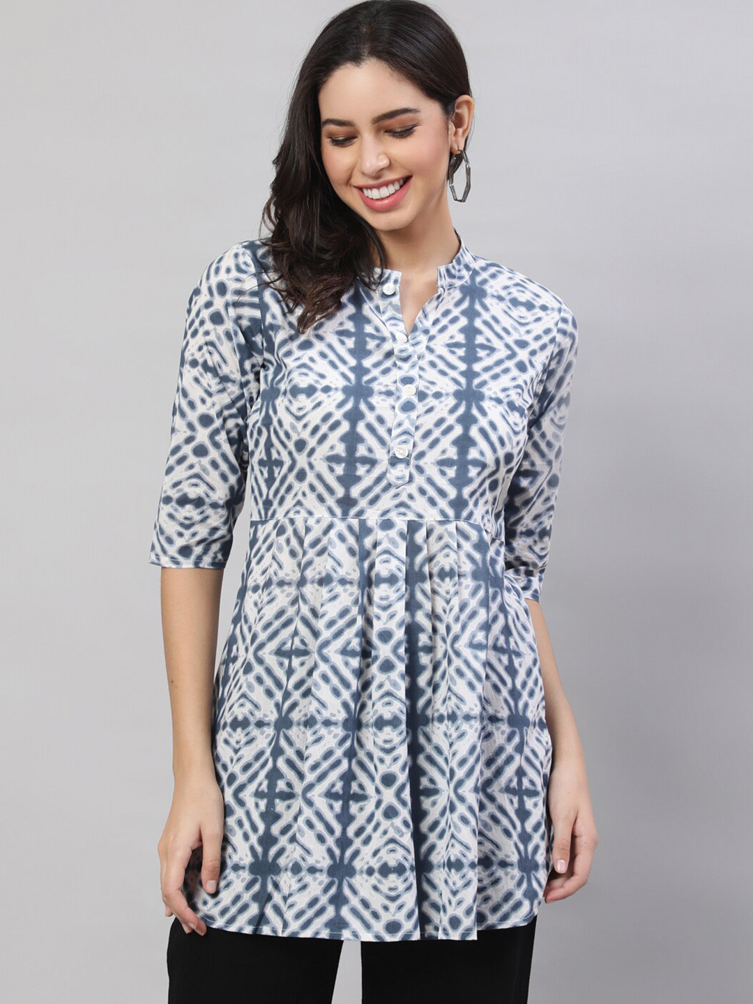 

THE NKS PLUS Geometric Printed Mandarin Collar Pure Cotton Pleated A-Line Kurti, White
