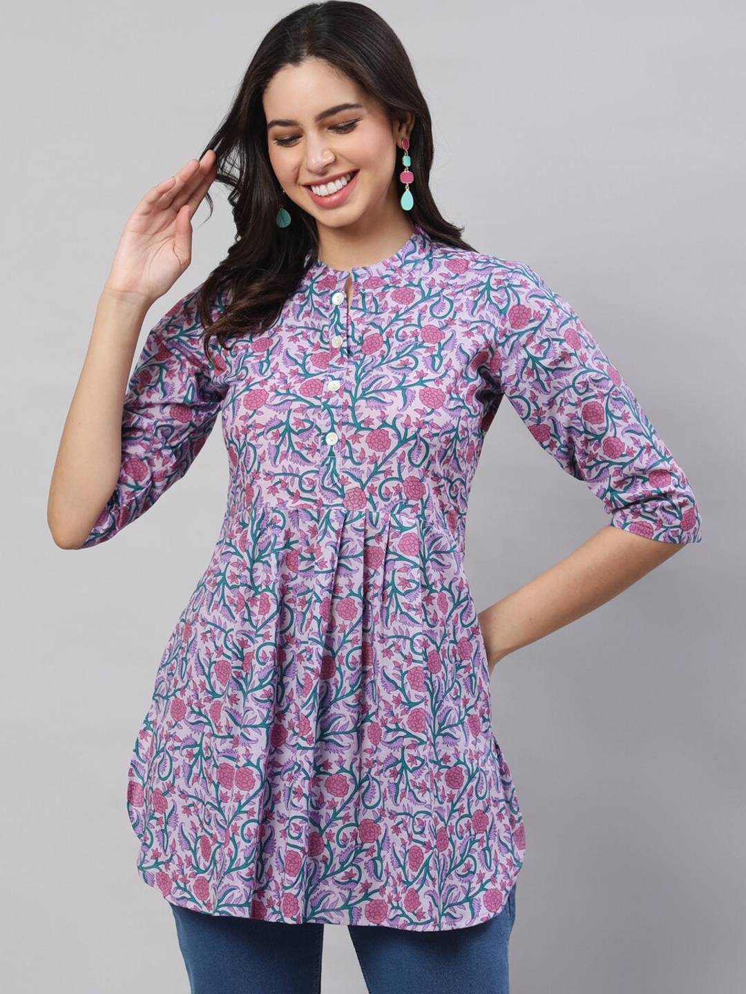 

THE NKS PLUS Floral Printed Mandarin Collar Pure Cotton Pleated A-Line Kurti, Purple