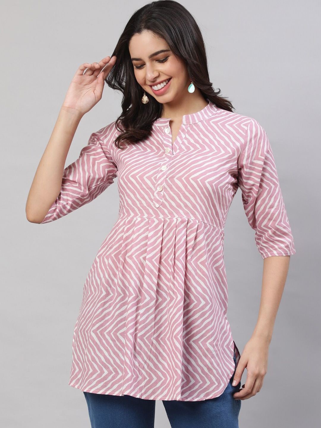 

THE NKS PLUS Chevron Printed Mandarin Collar Pure Cotton A-Line Kurti, Pink