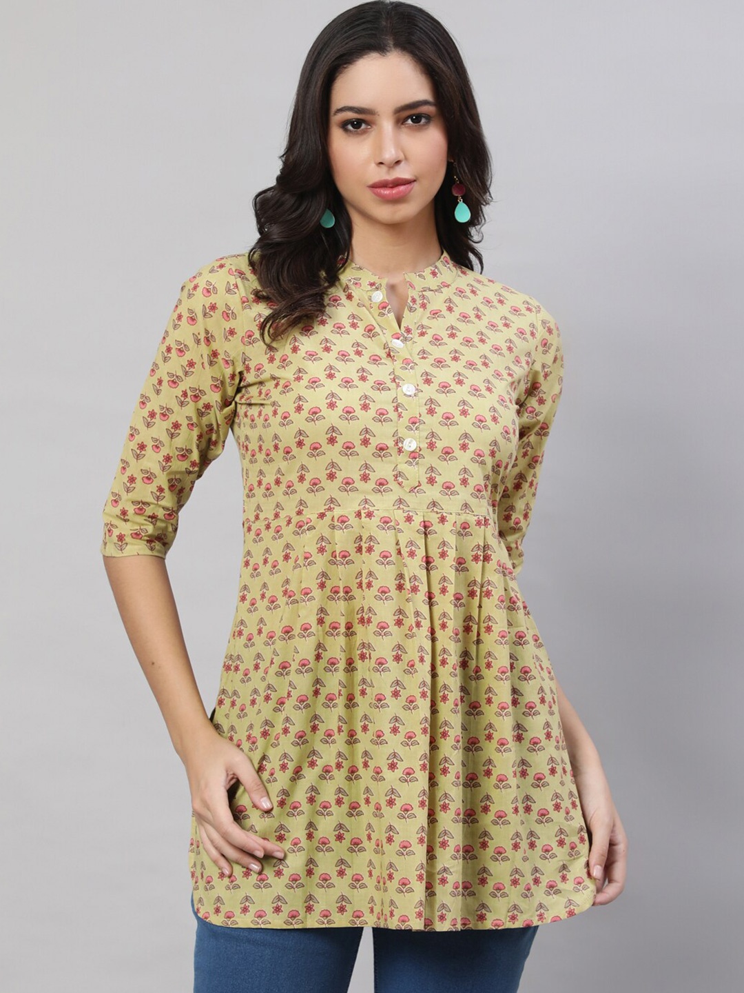 

THE NKS PLUS Ethnic Motifs Printed Mandarin Collar Pure Cotton Pleated A-Line Kurti, Green