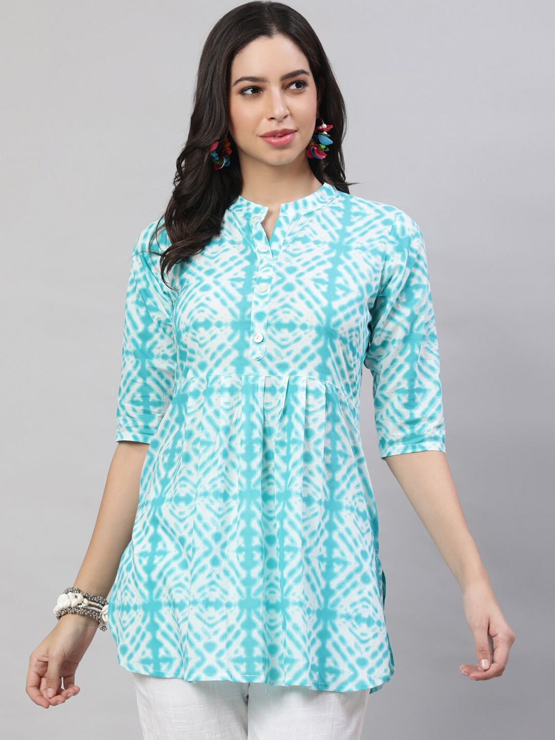 

THE NKS PLUS Printed Mandarin Collar Cotton A-line Top, Blue