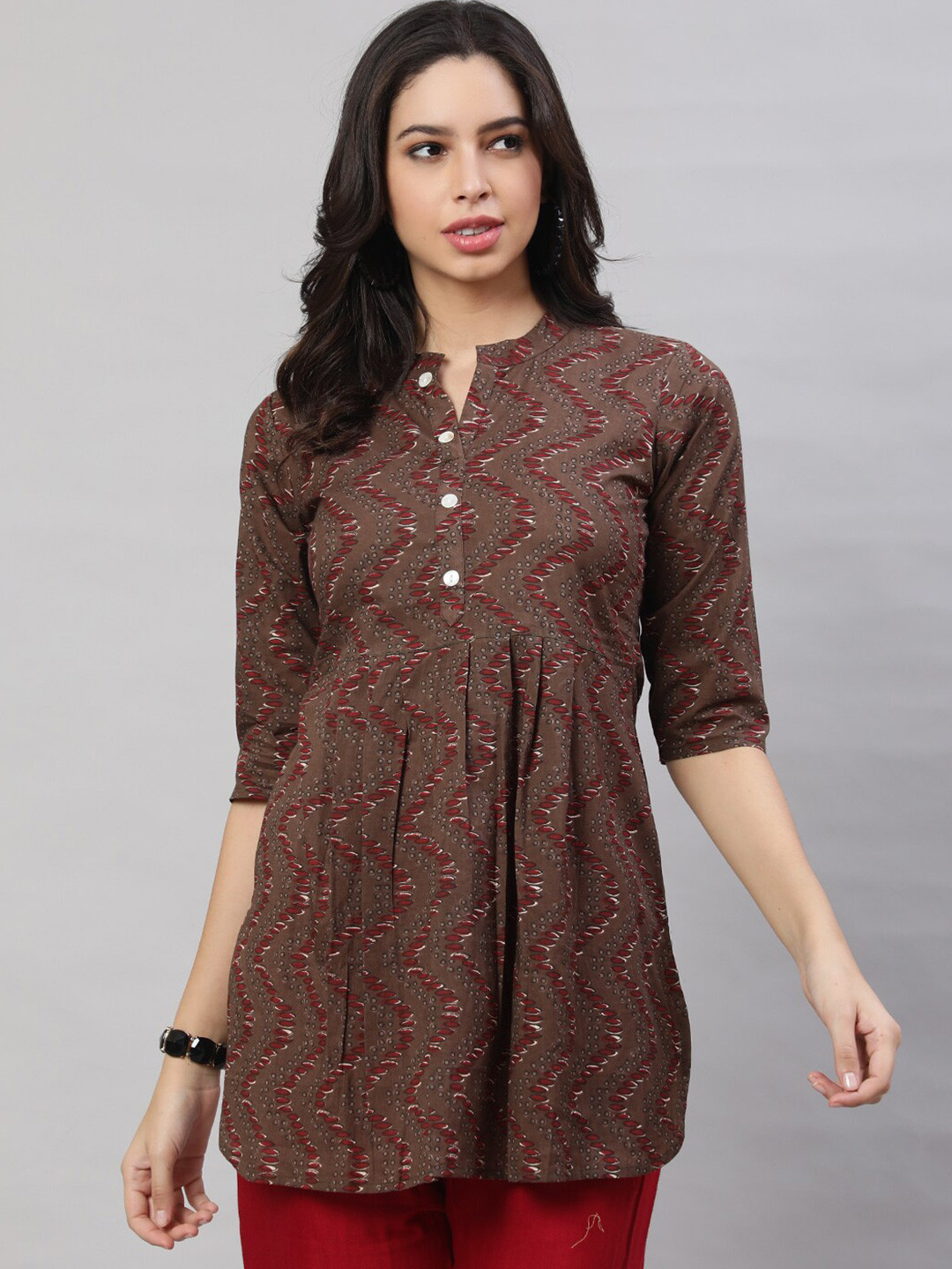 

THE NKS PLUS Chevron Printed Mandarin Collar Pleated Pure Cotton A-Line Kurti, Brown