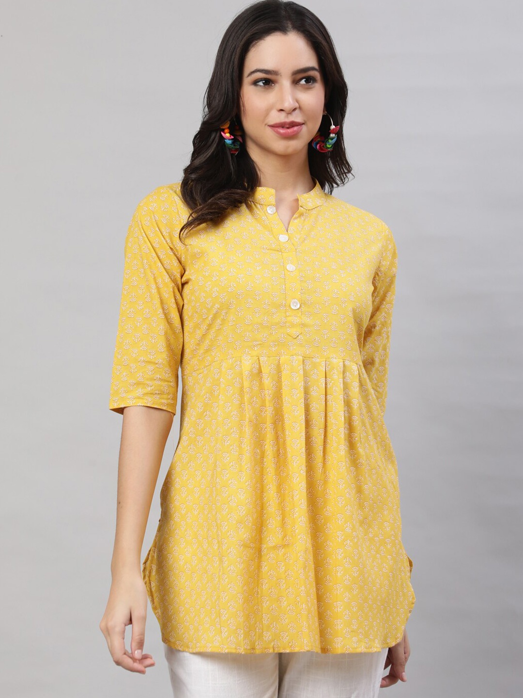 

THE NKS PLUS Floral Printed Mandarin Collar Cotton A-line Top, Yellow