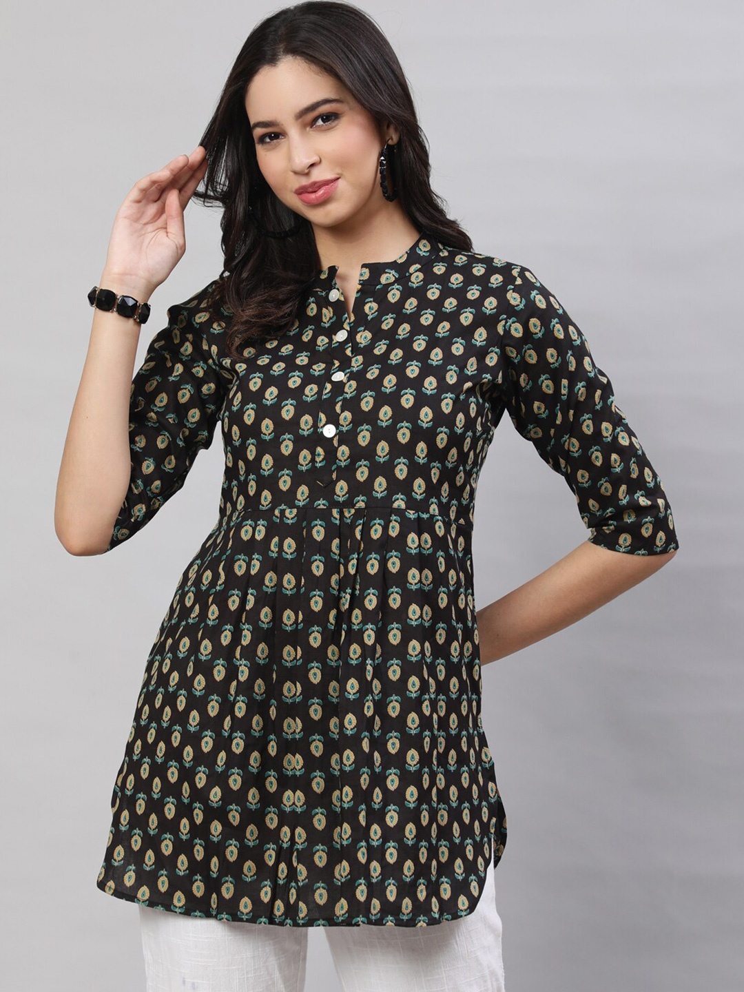 

THE NKS PLUS Ethnic Motifs Printed Mandarin Collar Pure Cotton Pleated A-Line Kurti, Brown