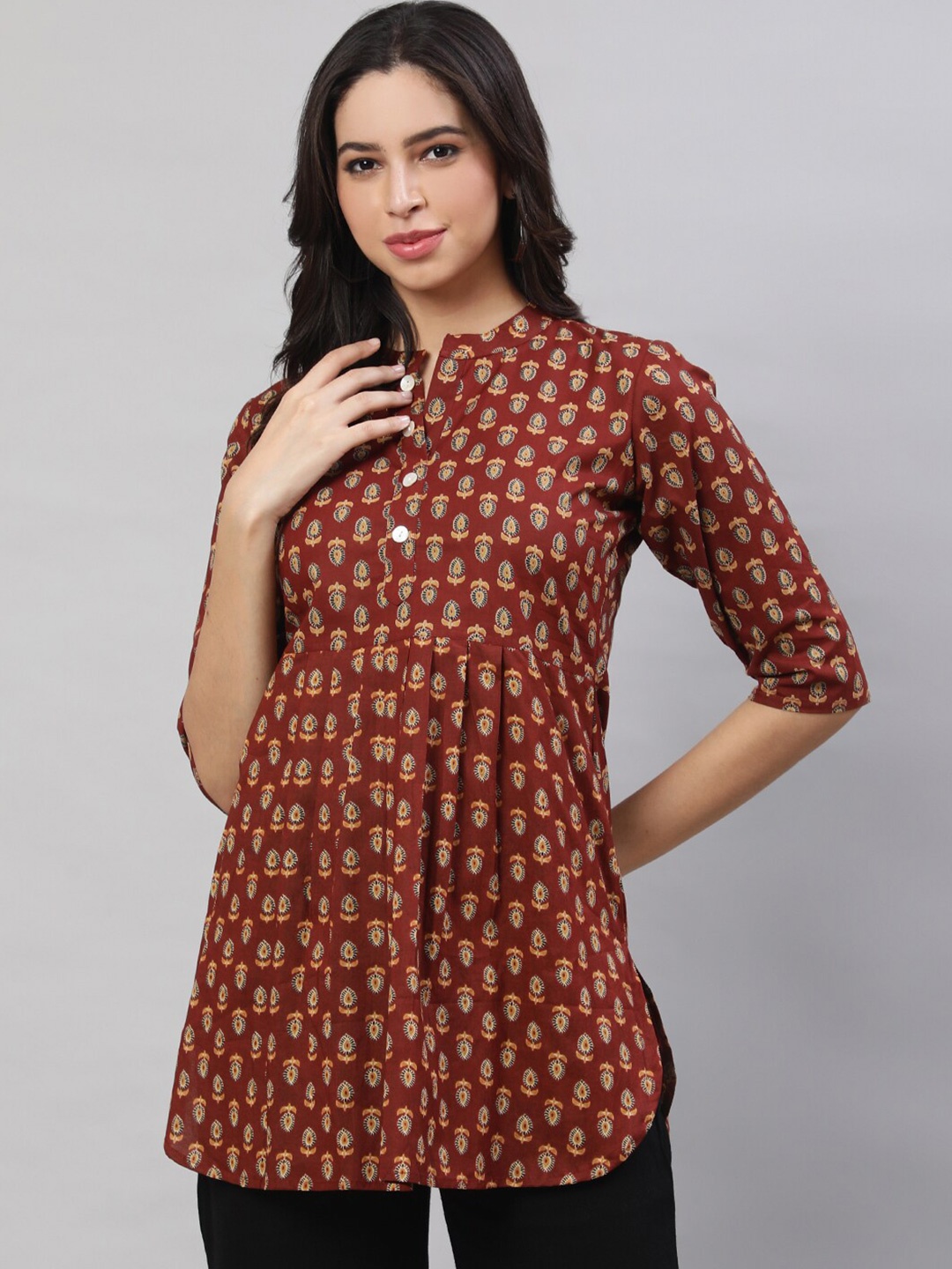

THE NKS PLUS Ethnic Motifs Printed Mandarin Collar Cotton A-line Top, Maroon