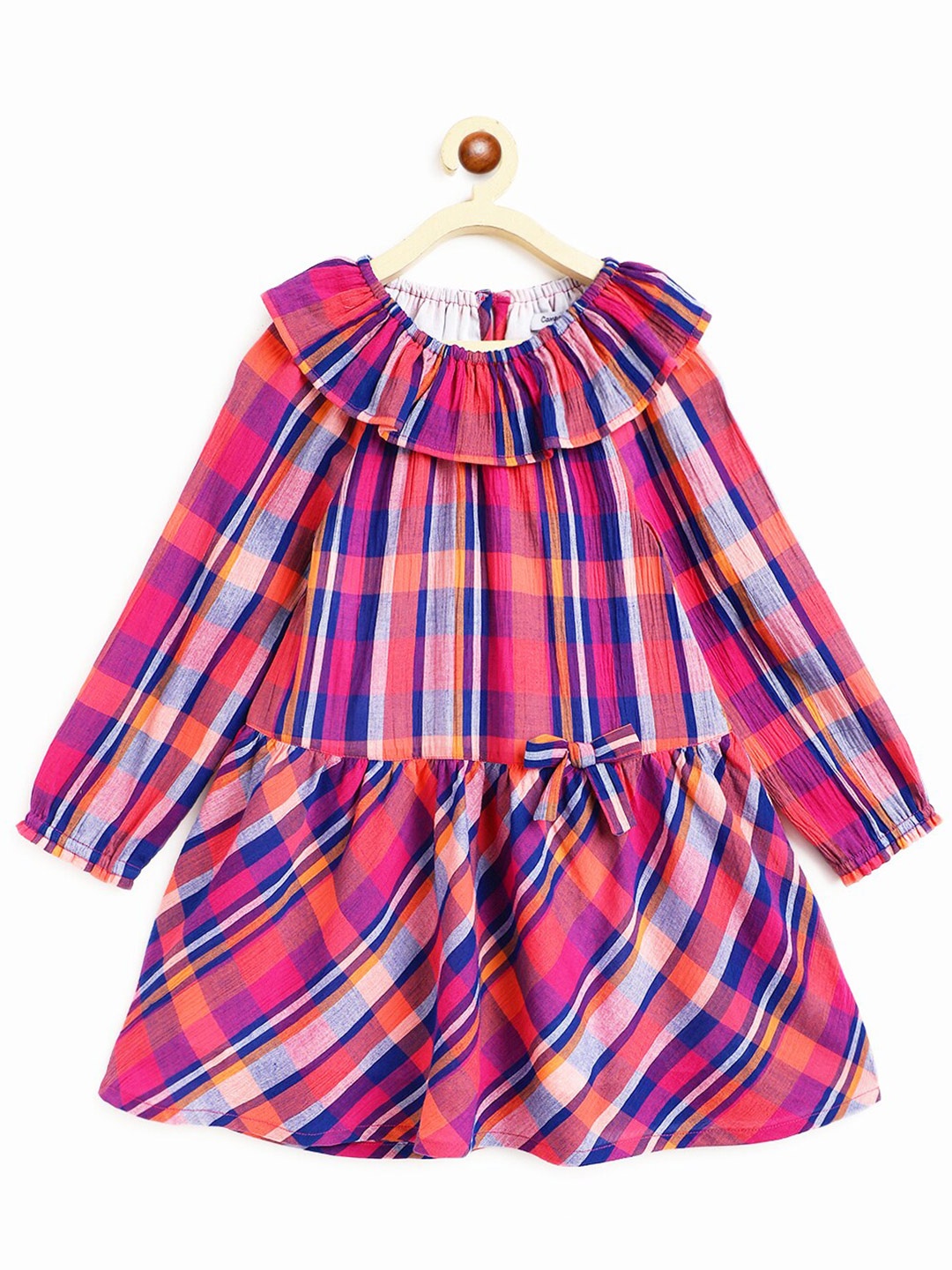 

Campana Girls Checked Puff Sleeves Ruffles Bow Pure Cotton Drop-Waist Dress, Pink