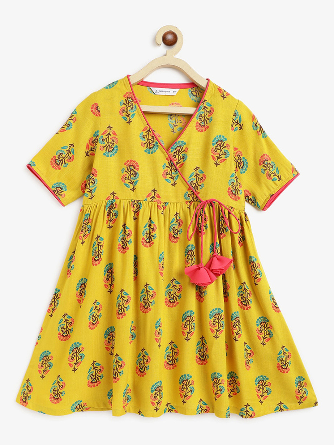 

Campana Girls Floral Printed Angrakha Kurta, Lime green