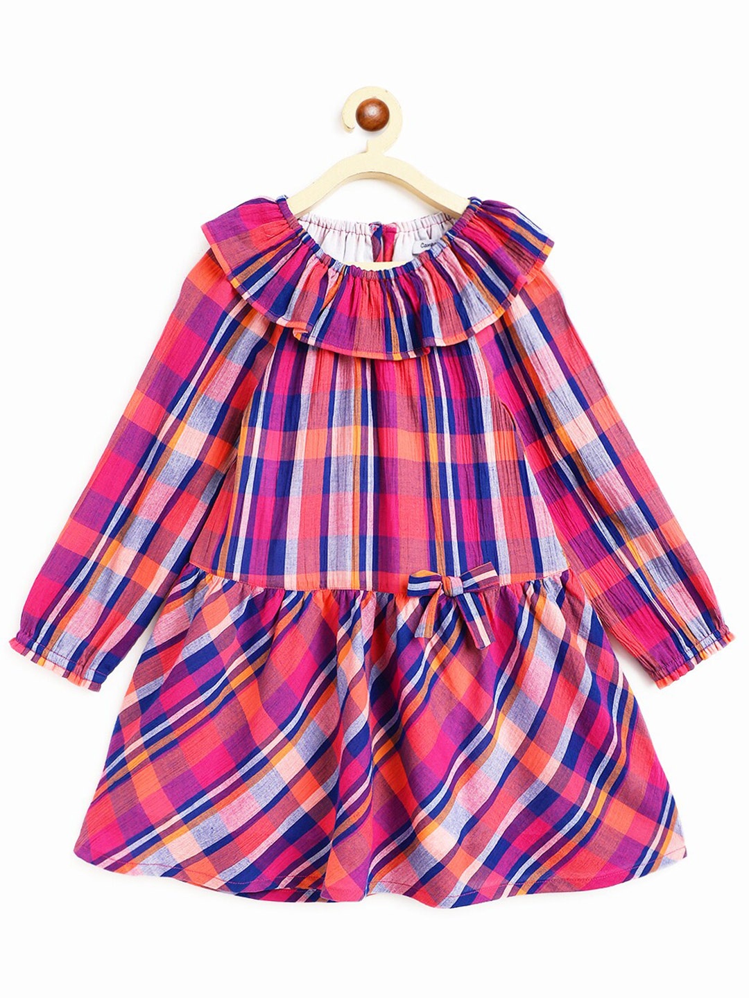 

Campana Girls Checked Puff Sleeves Ruffles Bow Pure Cotton Drop-Waist Dress, Pink