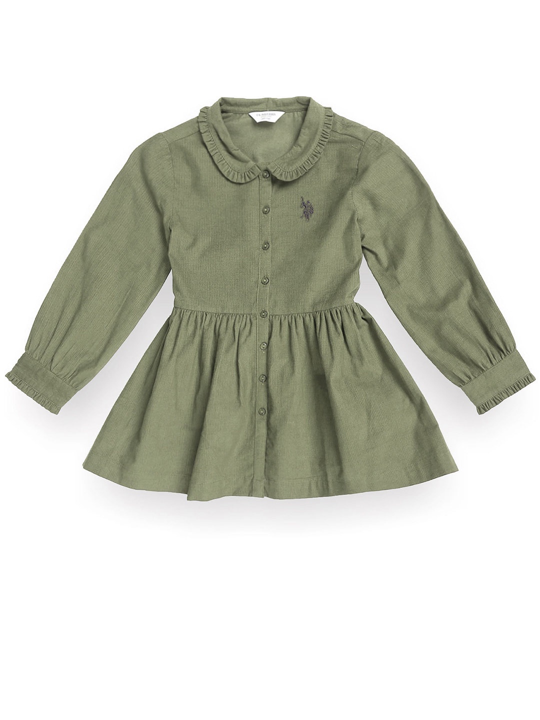 

U.S. Polo Assn. Kids Girls Peter Pan Collar Pure Cotton Corduroy Fit And Flare Dress, Green