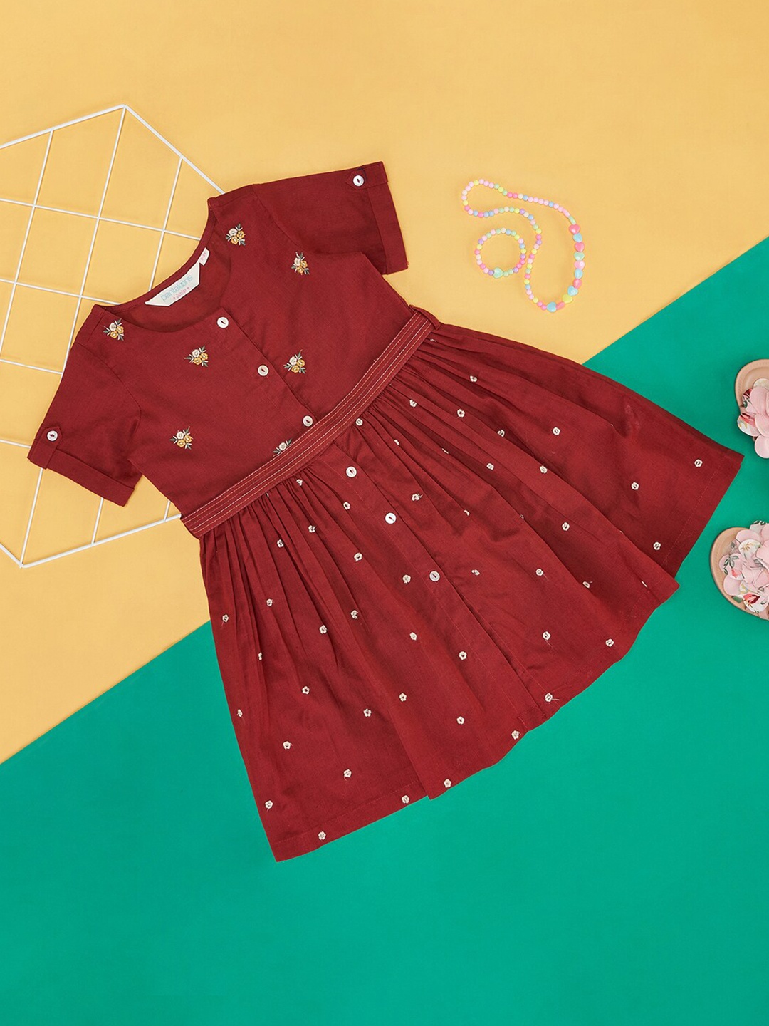 

AKKRITI BY PANTALOONS Girls Floral Embroidered Fit and Flare Dress, Red