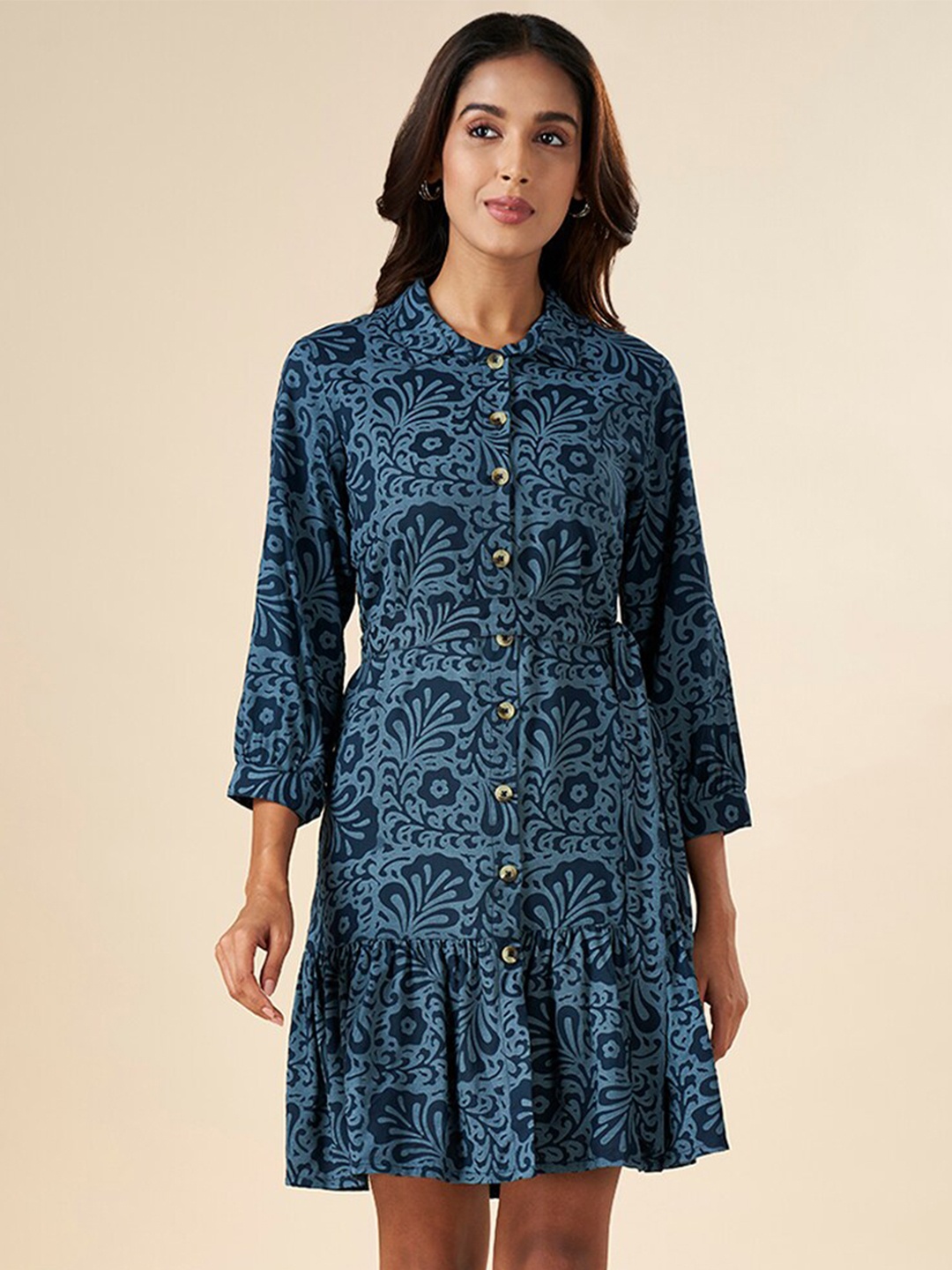 

AKKRITI BY PANTALOONS Floral Printed Cotton Shirt Style Dress, Blue