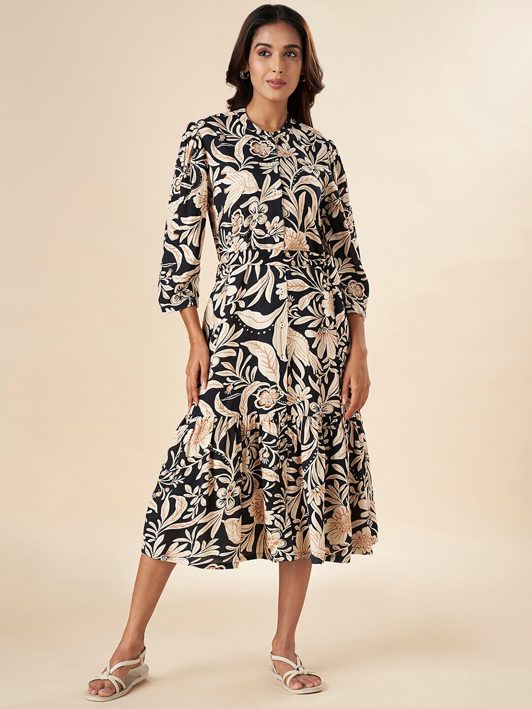 

AKKRITI BY PANTALOONS Floral Printed Mandarin Collar Belted Detail A-Line Midi Dress, Charcoal