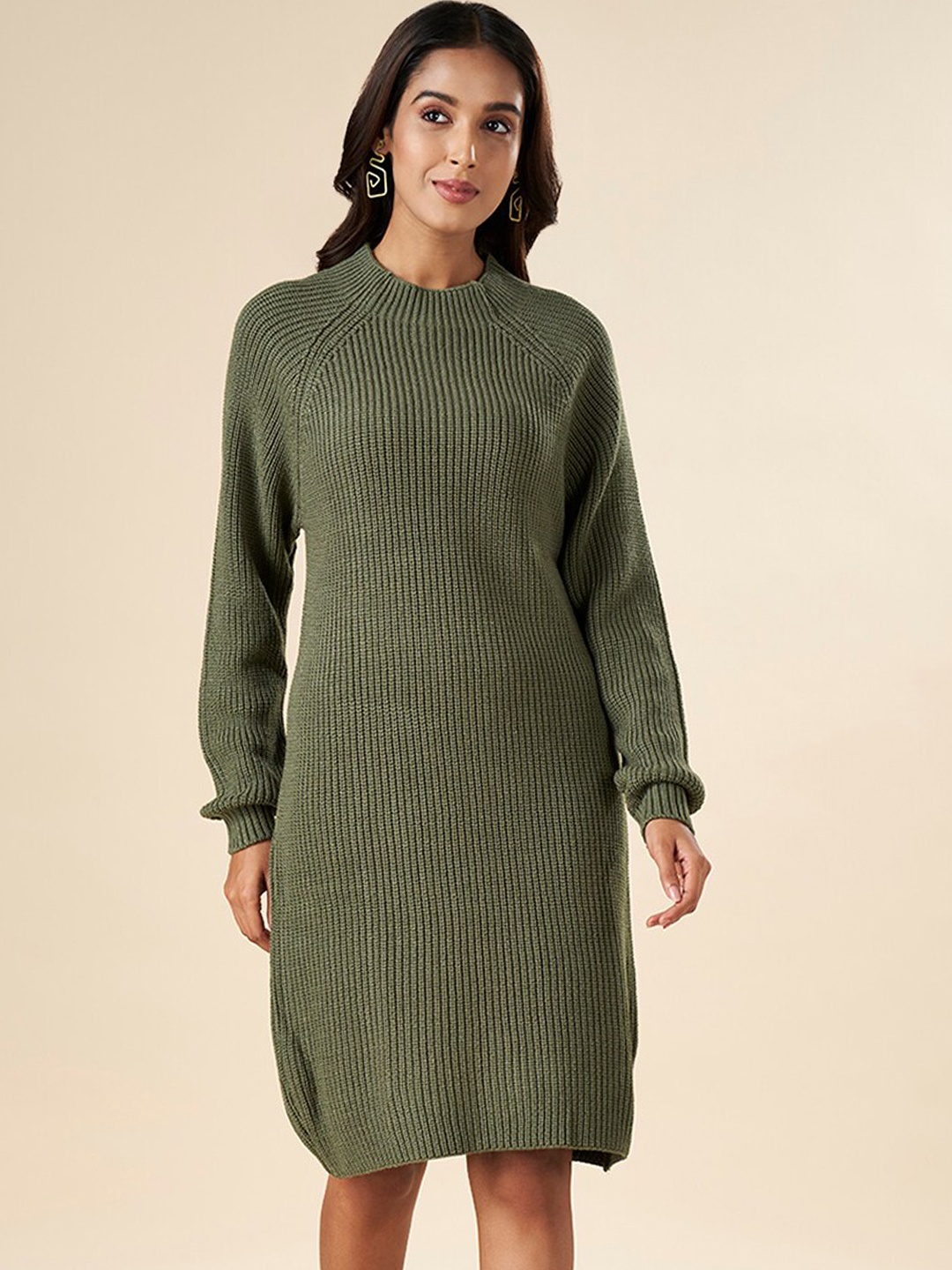 

AKKRITI BY PANTALOONS Striped Raglan Sleeves Dress, Olive