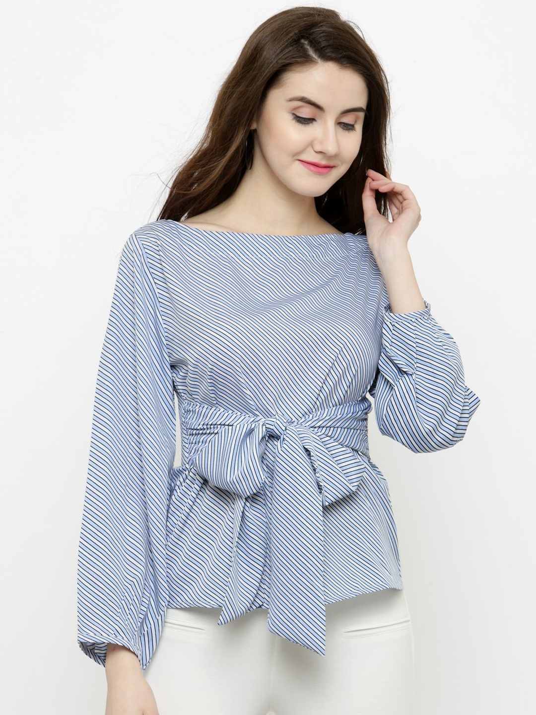 

Sera Blue & White Striped Cinched Waist Top