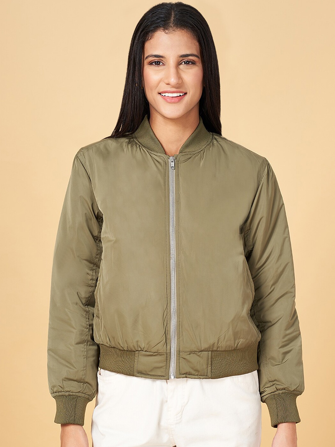 

Honey by Pantaloons Stand Collar Long Sleeves Bomber Jacket, Olive