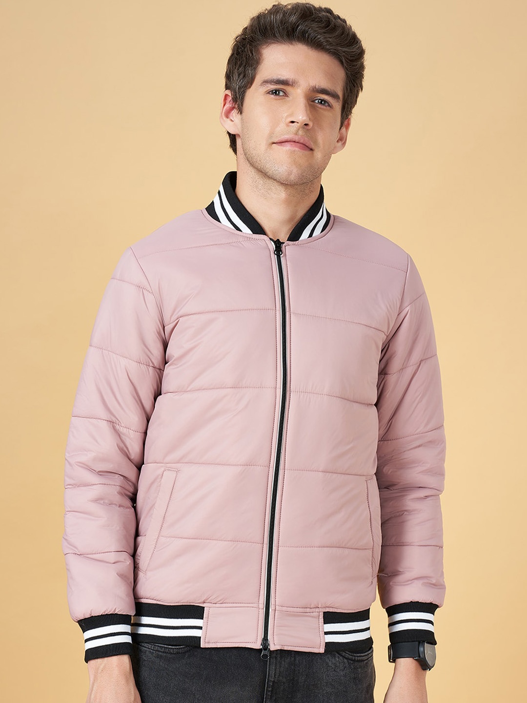 

People Green Long Sleeves Puffer Jacket, Pink