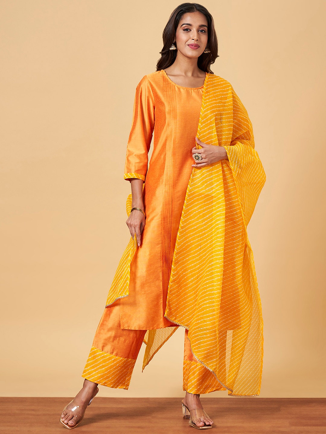 

YU by Pantaloons Striped Regular Kurta With Trousers & Dupatta, Yellow