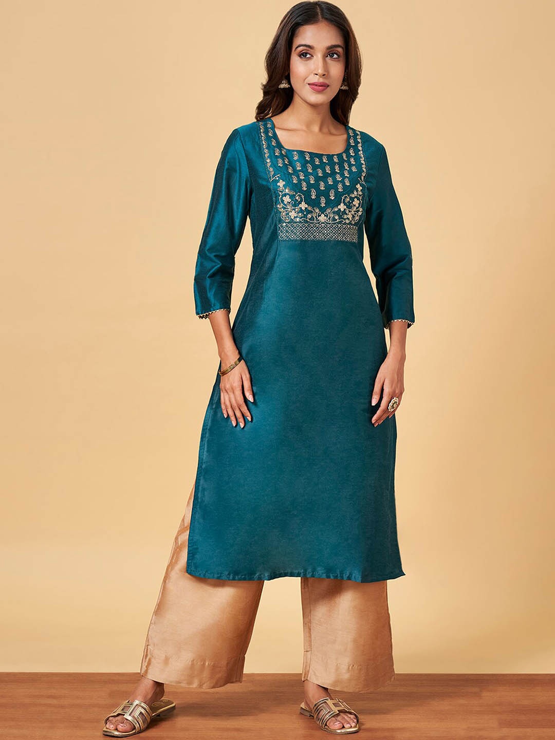 

YU by Pantaloons Ethnic Motifs Yoke Design Thread Work Straight Kurta, Teal