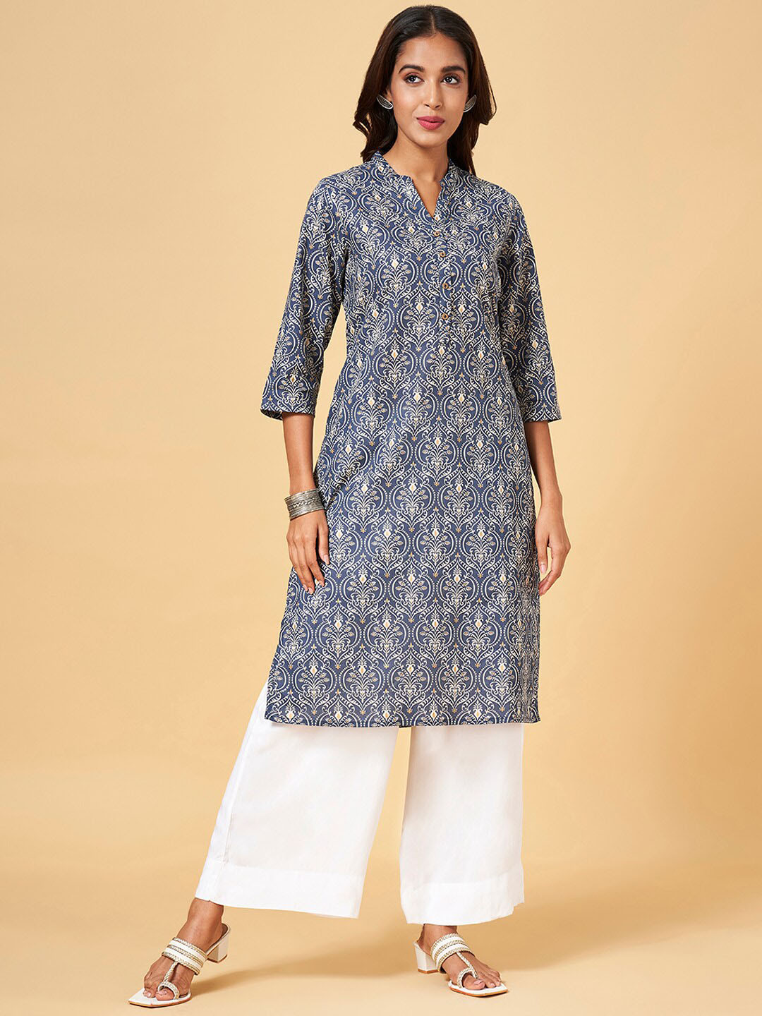 

RANGMANCH BY PANTALOONS Floral Printed Cotton Kurta, Blue