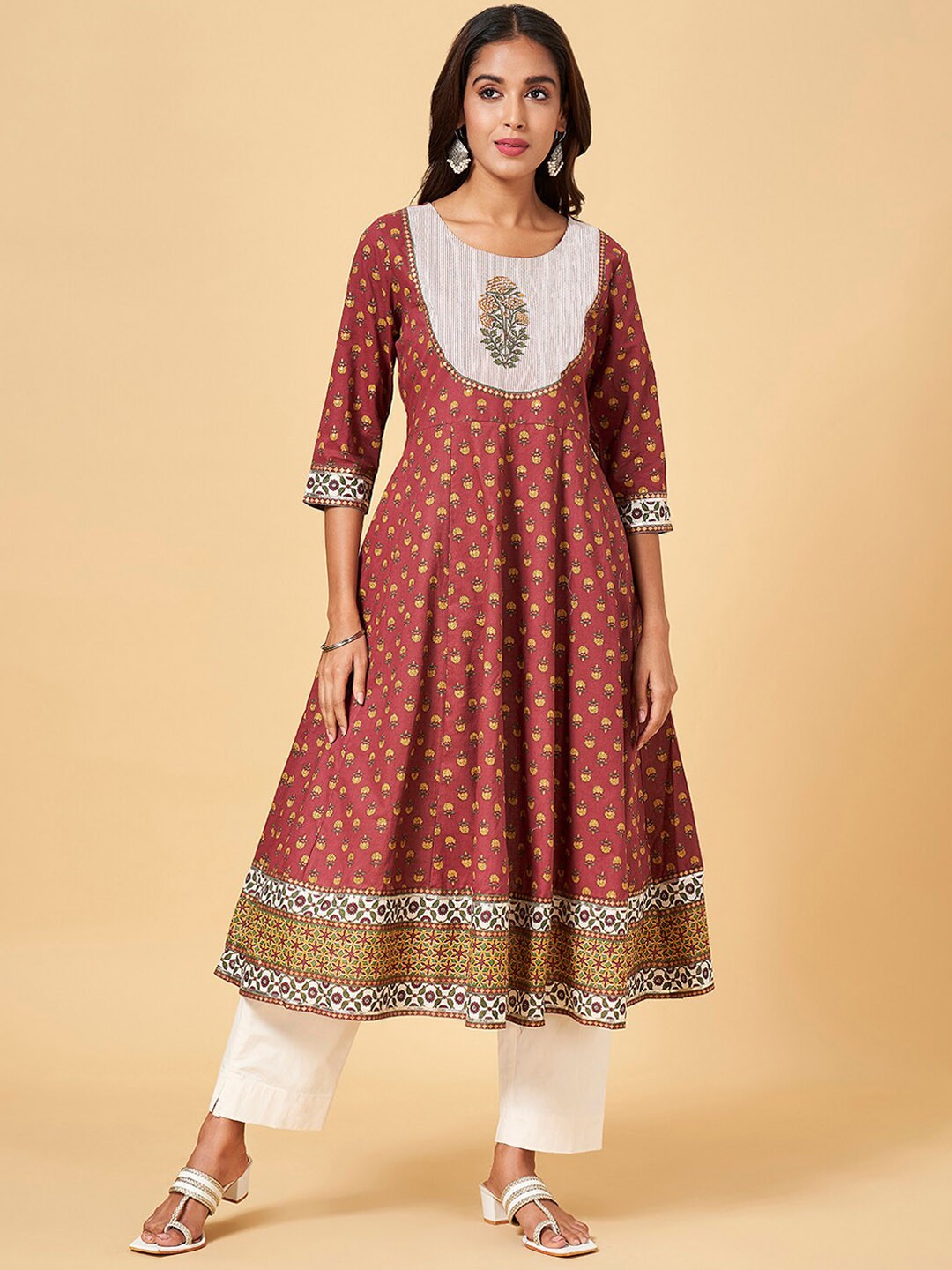 

RANGMANCH BY PANTALOONS Ethnic Motifs Printed Anarkali Cotton Kurta, Rust