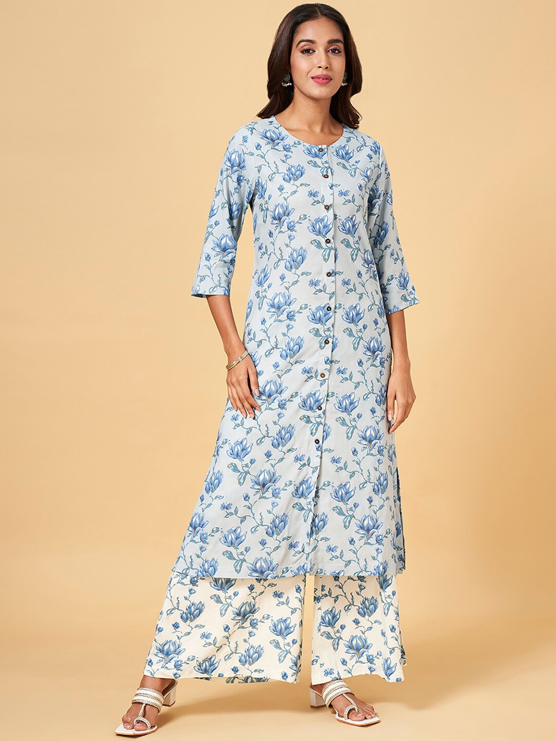 

RANGMANCH BY PANTALOONS Floral Printed Round Neck Aqua Straight Kurta, Blue