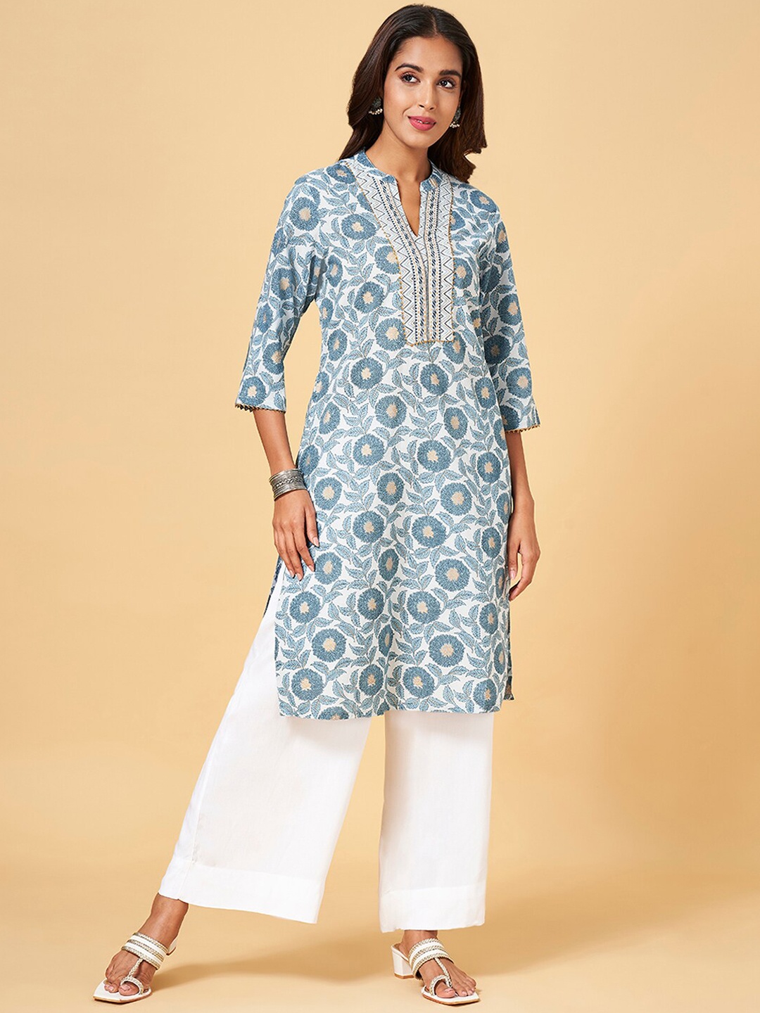

RANGMANCH BY PANTALOONS Floral Printed Mandarin Collar Cotton Kurta, Blue