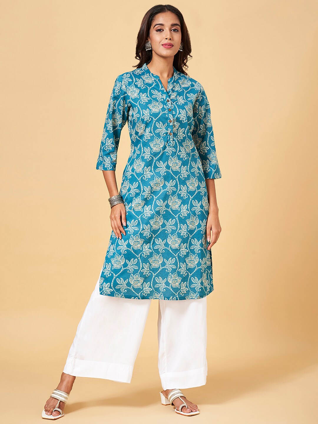 

RANGMANCH BY PANTALOONS Floral Printed Mandarin Collar Cotton Kurta, Teal