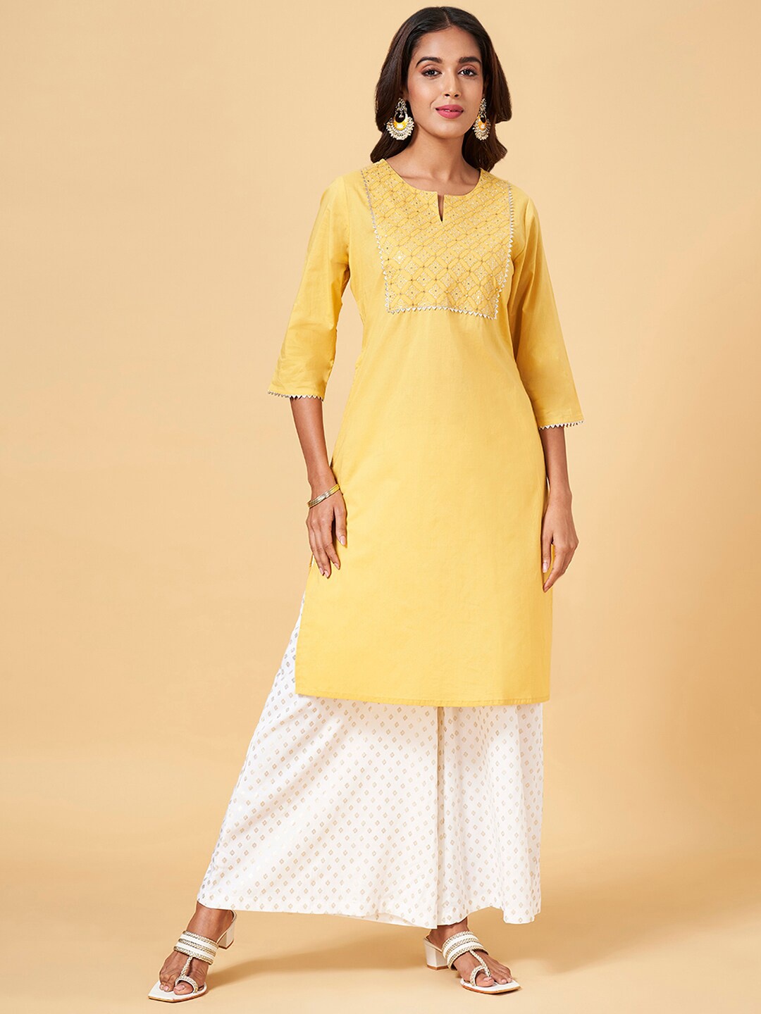 

RANGMANCH BY PANTALOONS Ethnic Motifs Embroidered Cotton Kurta, Yellow