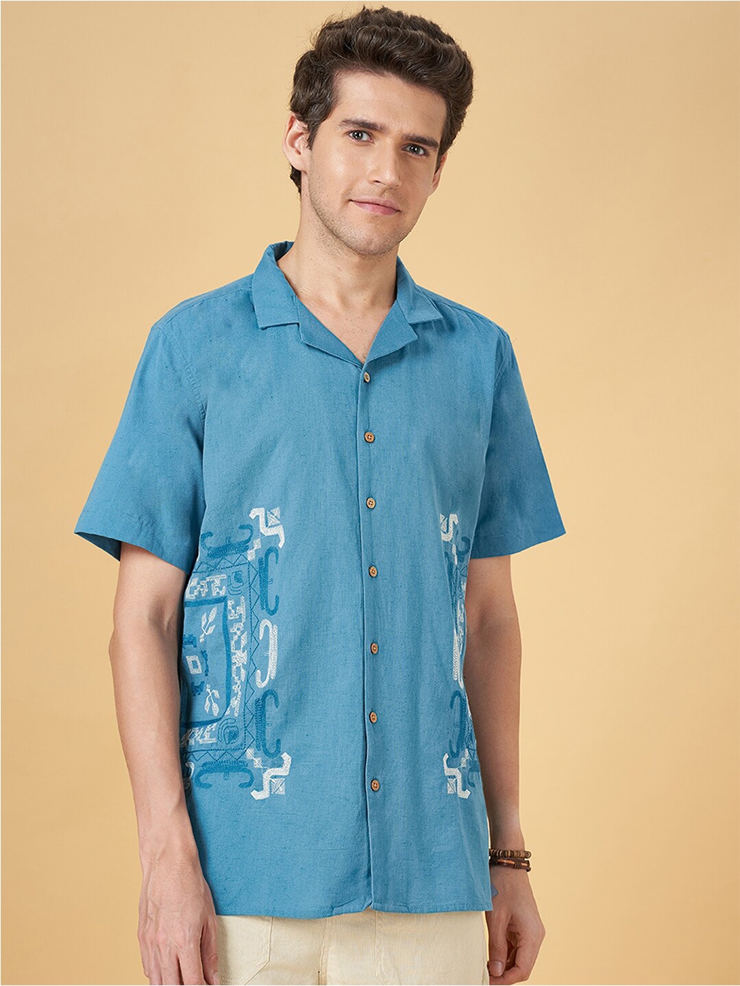 

7 Alt by Pantaloons Ethnic Motifs Embroidered Cotton Casual Shirt, Blue