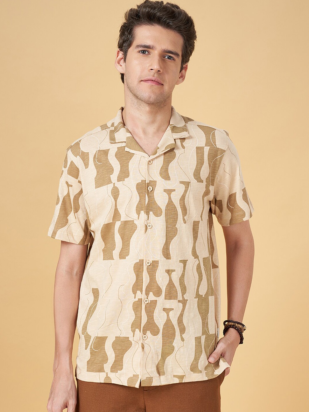 

7 Alt by Pantaloons Slim Fit Abstract Printed Cotton Casual Shirt, Beige