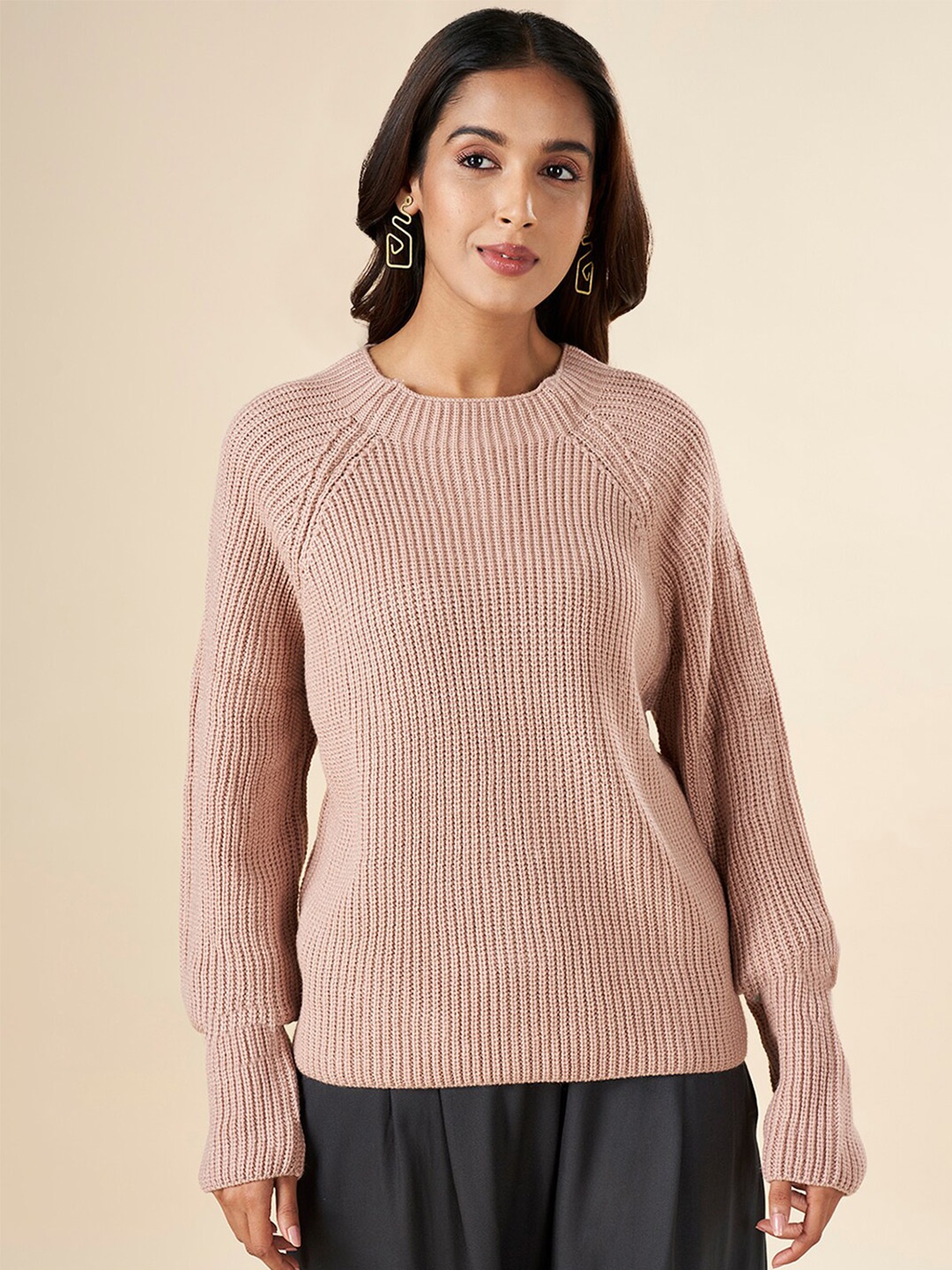 

AKKRITI BY PANTALOONS Ribbed Round Neck Acrylic Pullover Sweater, Pink