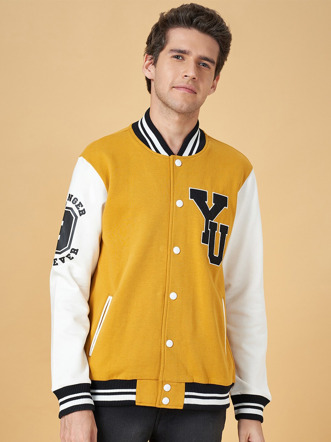 

YU by Pantaloons Typography Printed Front Open Sweatshirt, Yellow