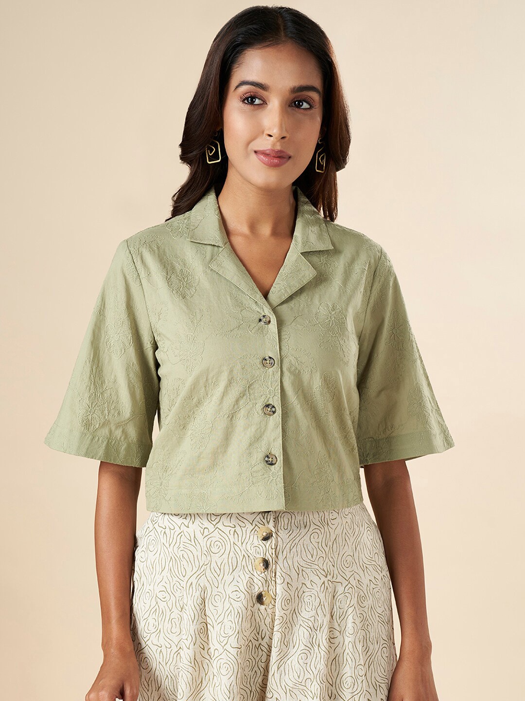 

AKKRITI BY PANTALOONS Floral Embroidered Flared Sleeves Cotton Shirt Style Crop Top, Green