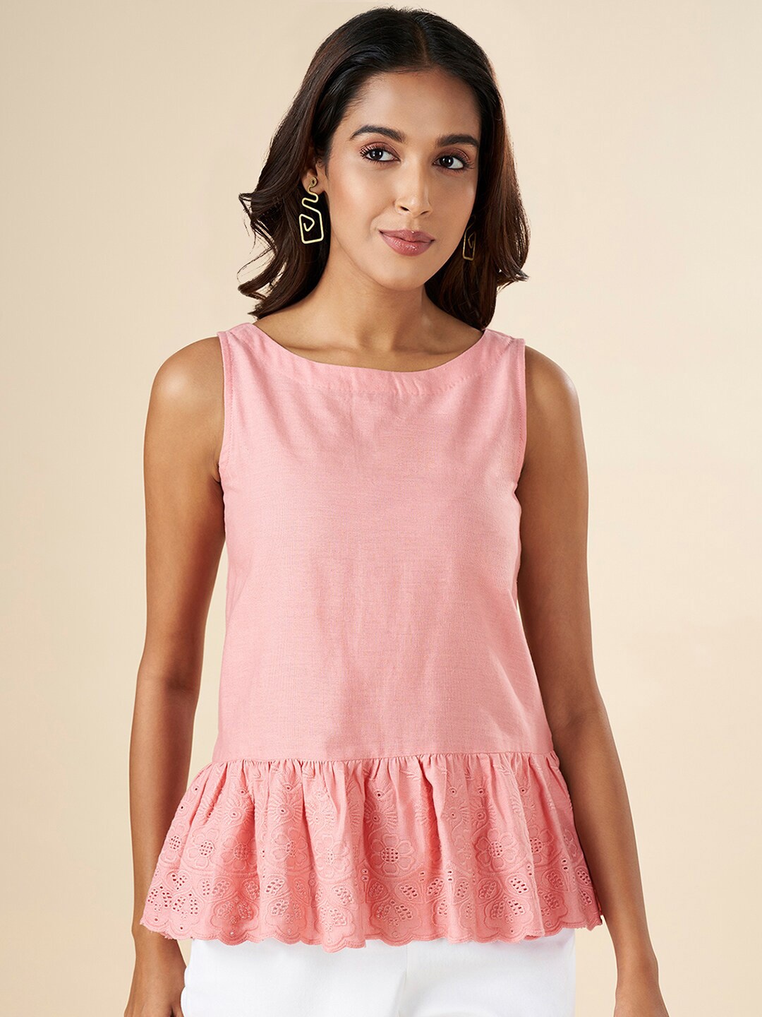 

AKKRITI BY PANTALOONS Boat Neck Sleeveless Schiffli & Gathered Detail Cotton Peplum Top, Pink