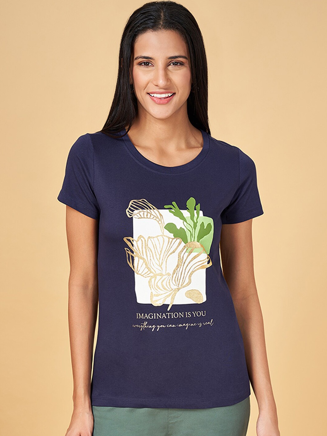 

Honey by Pantaloons Floral Printed Cotton T-shirt, Navy blue
