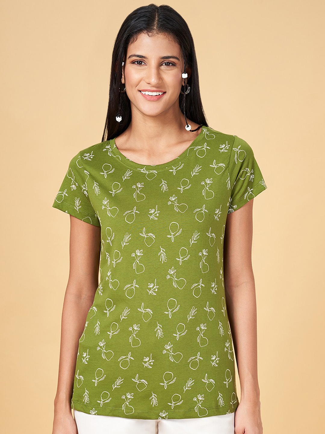 

Honey by Pantaloons Conversational Printed Cotton T-shirt, Olive