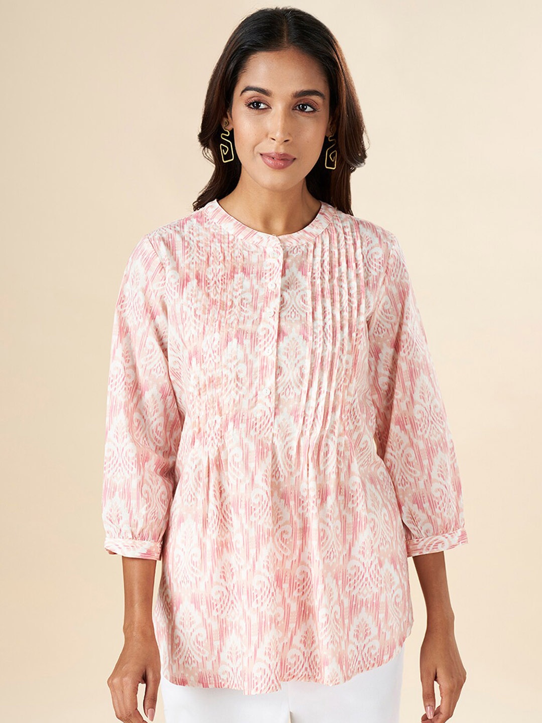 

AKKRITI BY PANTALOONS Ethnic Motifs Printed Mandarin Collar Cotton Tunic With Pin Tucks, Pink