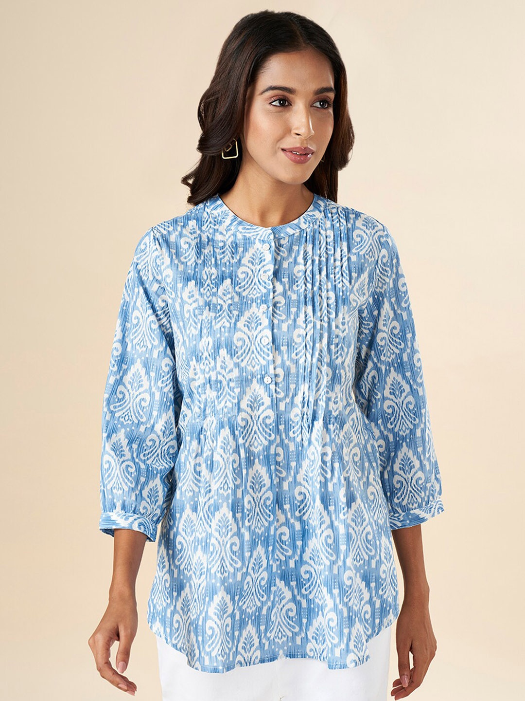 

AKKRITI BY PANTALOONS Ethnic Motifs Printed Mandarin Collar Cotton Tunic With Pin Tucks, Blue