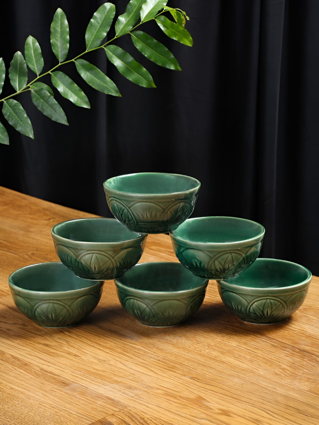 

Shilpkara Embossed Emerald Green 6 Pieces Hand Painted Glossy Ceramic Bowls