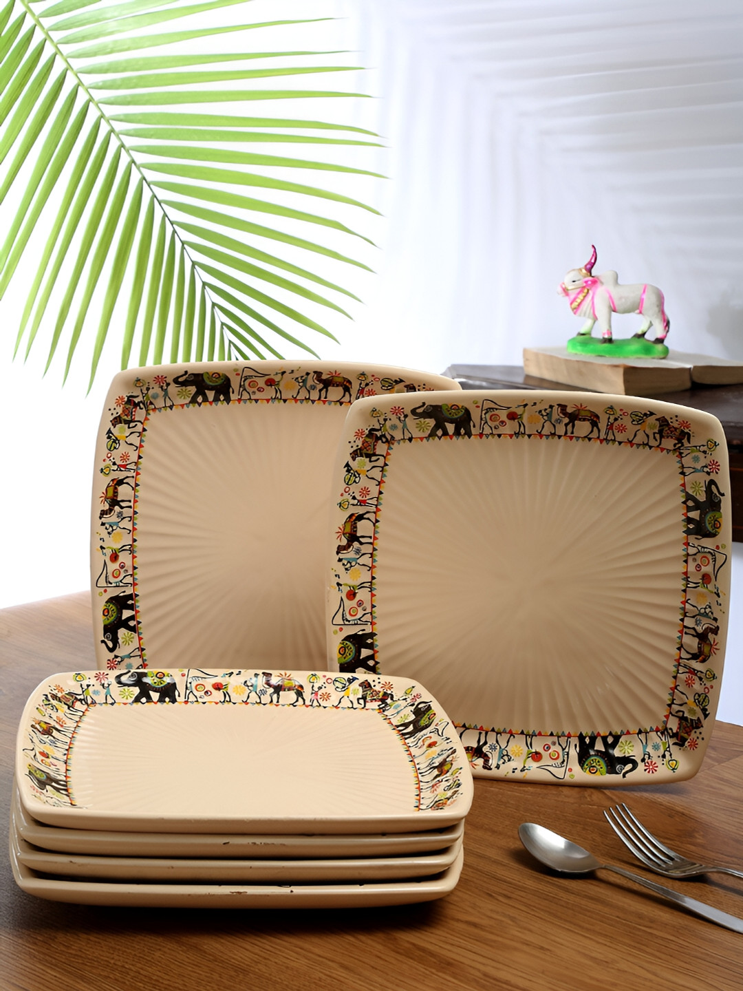 

Shilpkara White 6 Pieces Handcrafted and Hand Painted Printed Ceramic Glossy Plates