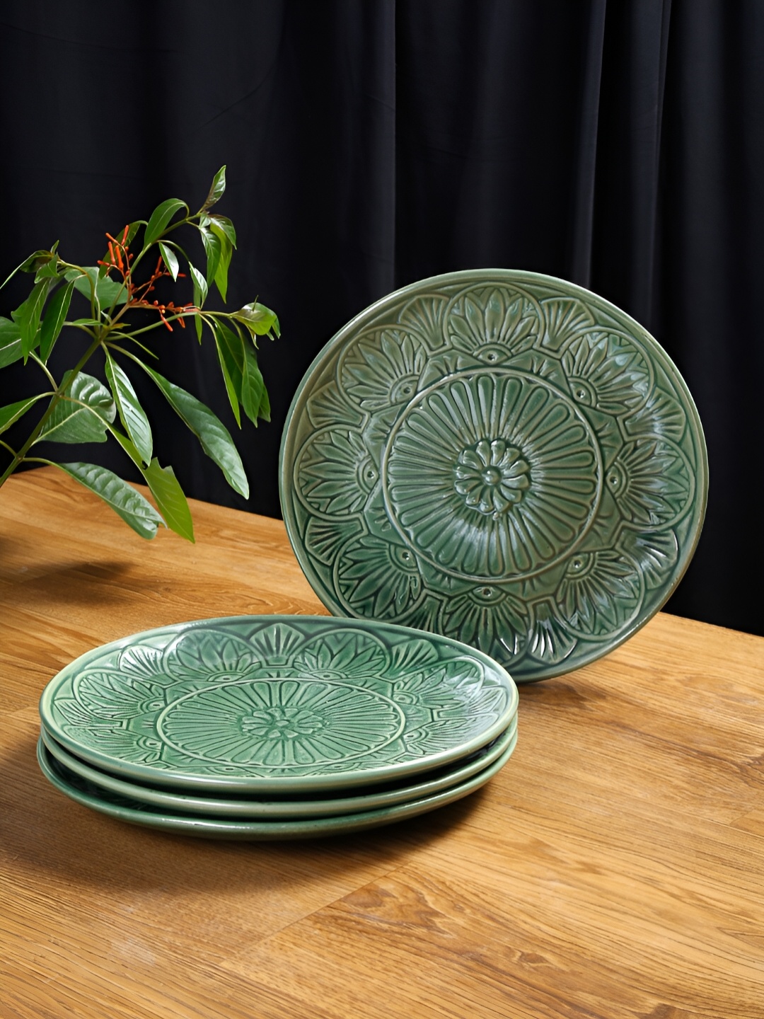 

Shilpkara Green 4 Pieces Handcrafted and Hand Painted Ceramic Plates