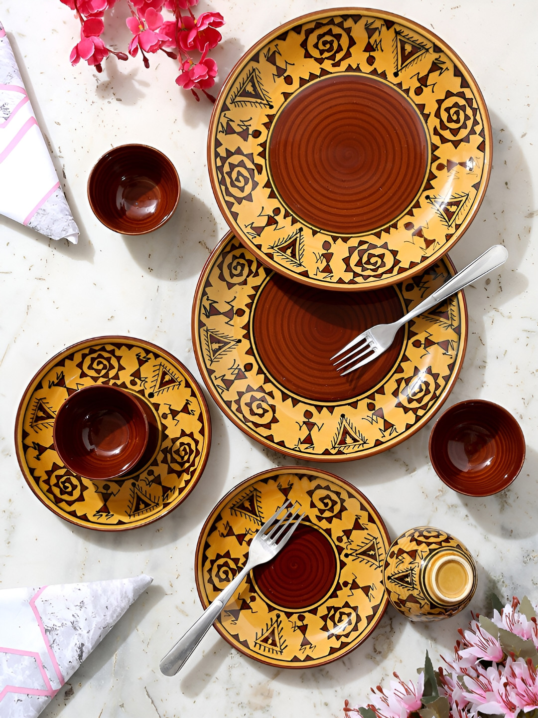 

Shilpkara Brown & Mustard 8 Pieces Handcrafted and Hand Painted Ceramic Glossy Dinner Set