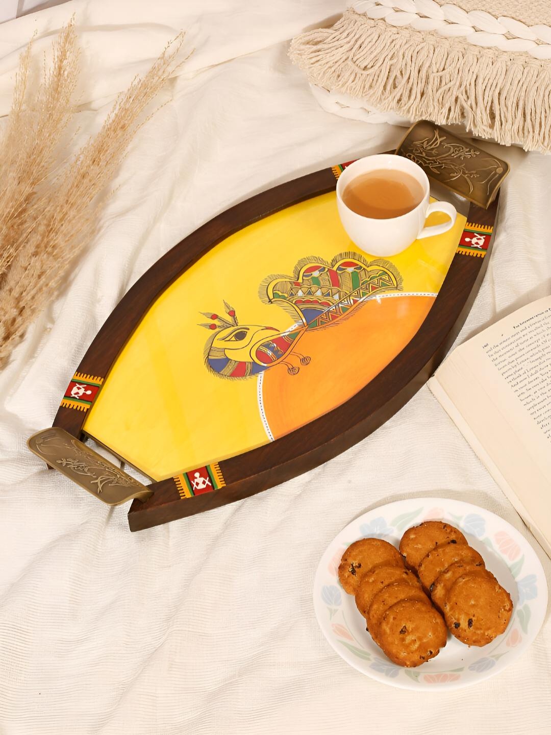 

Shilpkara Yellow Wooden Tray With Metal Handles