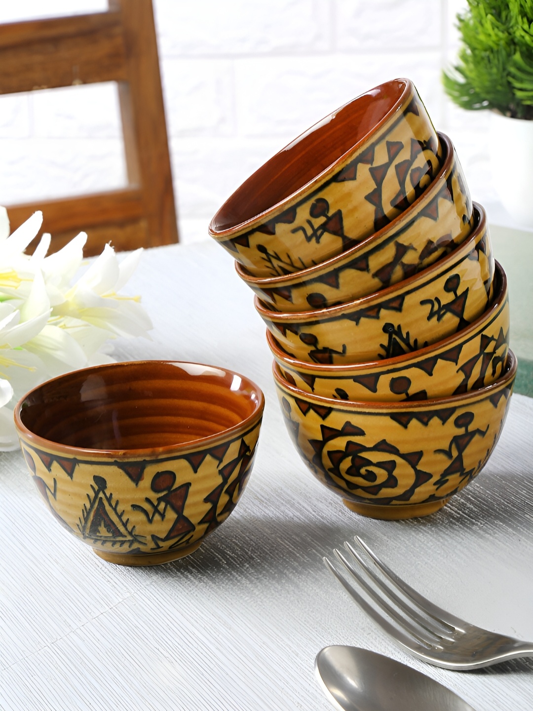 

Shilpkara Brown 6 Pieces Handcrafted and Hand Painted Ceramic Bowls