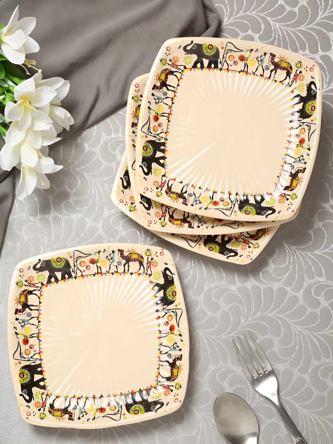 

Shilpkara White & Beige 4 Pieces Handcrafted and Hand Painted Ceramic Plates