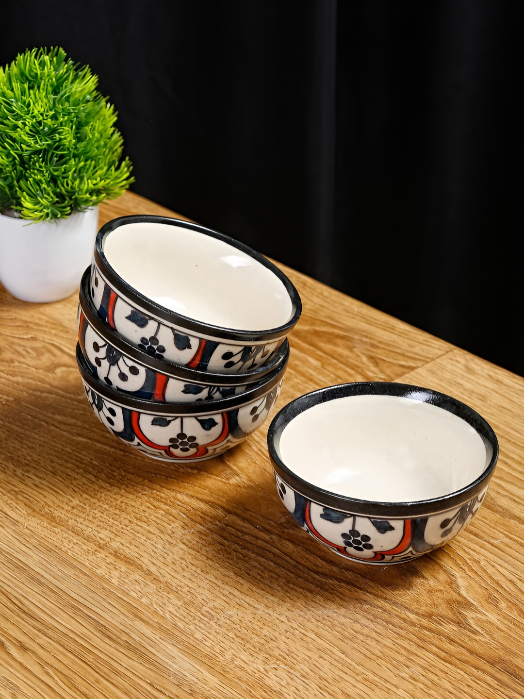 

Shilpkara Black & Red 4 Pieces Handcrafted and Hand Painted Ceramic Bowls, Beige