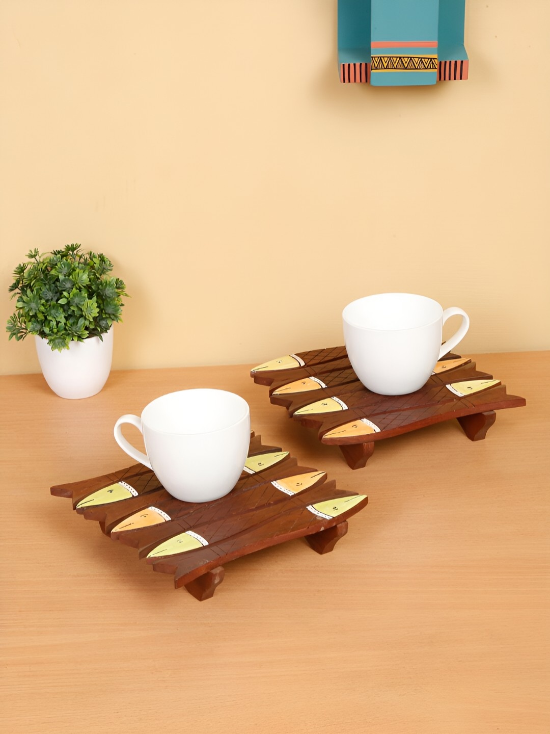 

Shilpkara Brown 2 Pieces Tribal Fish Square Wooden Coasters