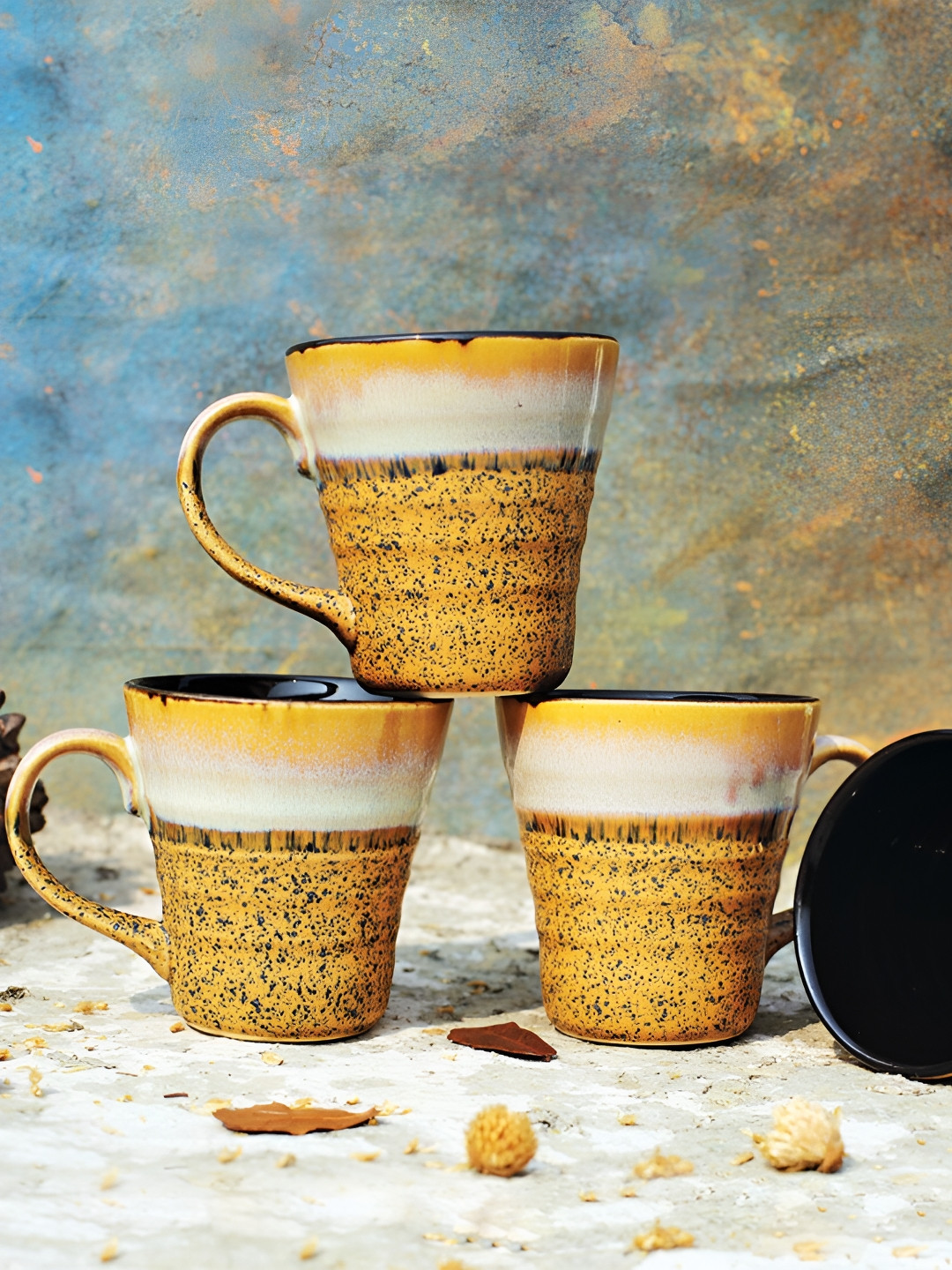 

Shilpkara Mustard & Black 4Pieces Dishwasher and Microwave Safe Ceramic Mugs 260ml Each