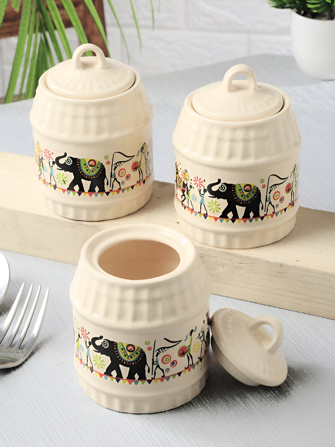

Shilpkara White 3Pcs Printed Ceramic Dishwash Safe Food Container & Jars