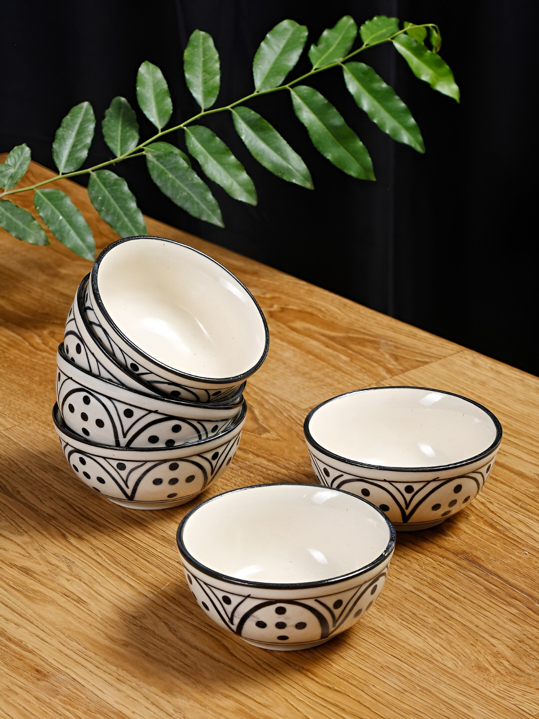 

Shilpkara Beige & Black 6 Pieces Handcrafted and Hand Painted Ceramic Bowls